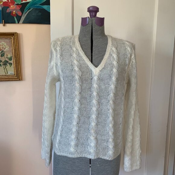 VTG 80s M Sweater Mohair Wool Cable Knit Cream Sheer Granola Fisherman V-Neck - Picture 1 of 4